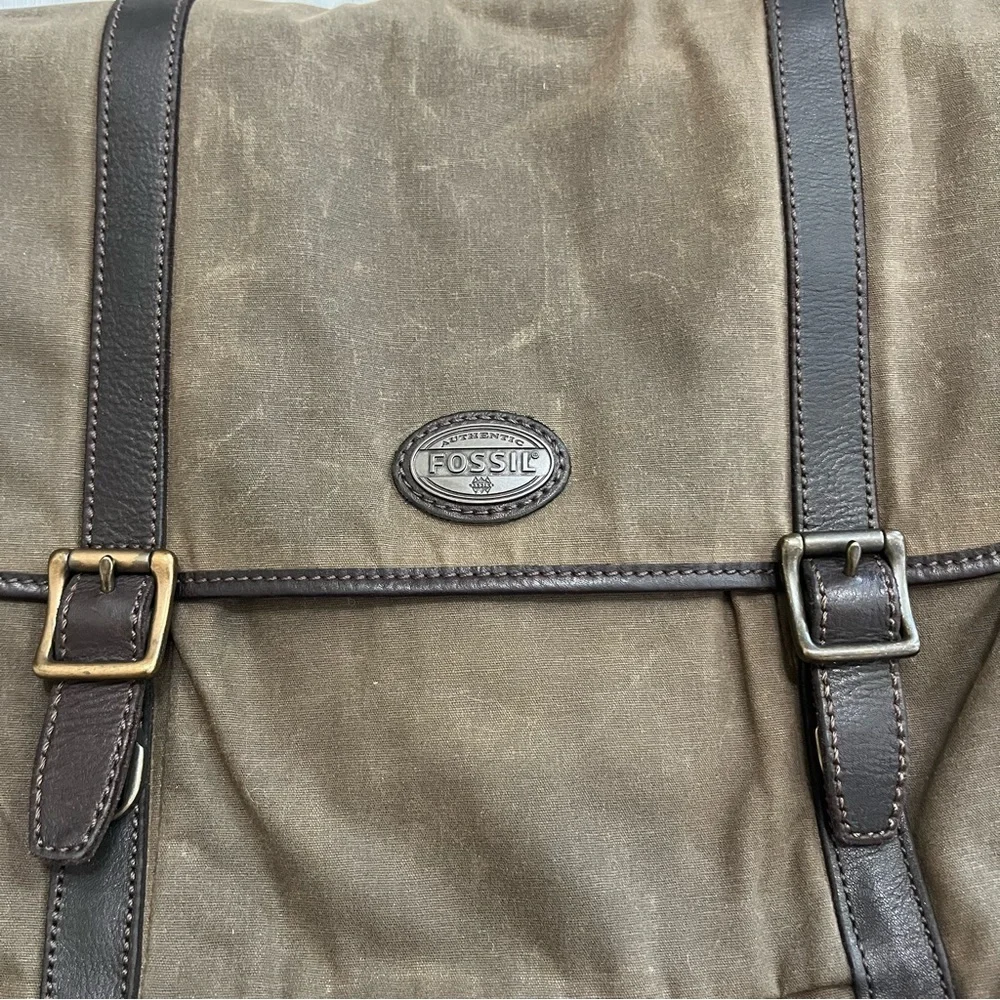 Fossil Olive Canvas Messenger with Dark Brown Leather Trim